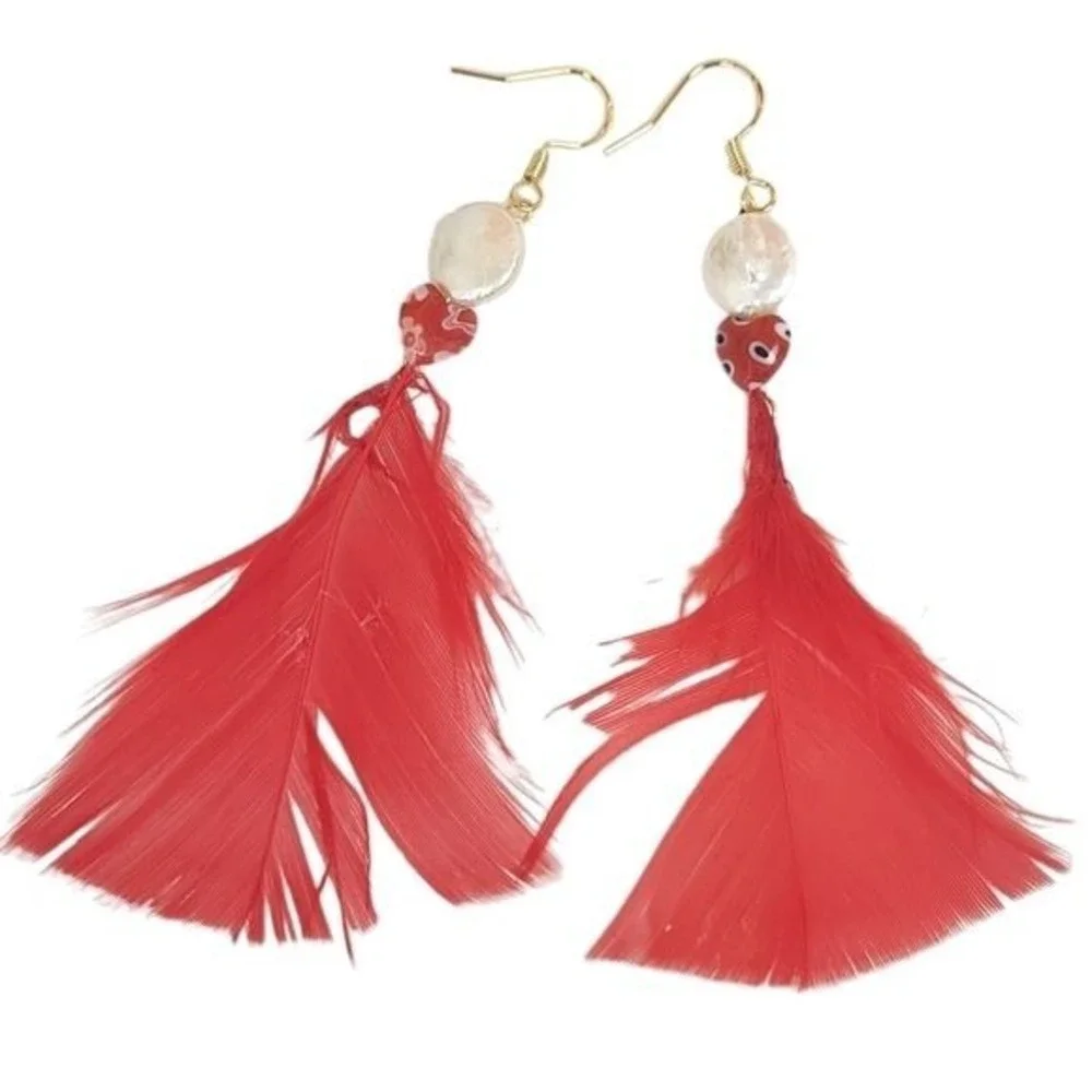 Glass Hearts Freshwater Pearl Red Feather Earrings